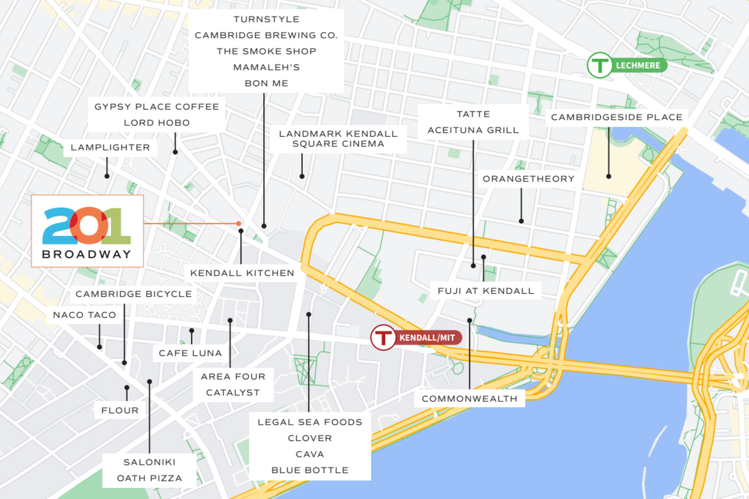 <p class="text-size-header-32" textalign="center" style="text-align: center">Located in Cambridge, MA, Kendall Square is an internationally recognized innovation district that is propelled by the synergies of imagination and ingenuity</p> at 201 Broadway